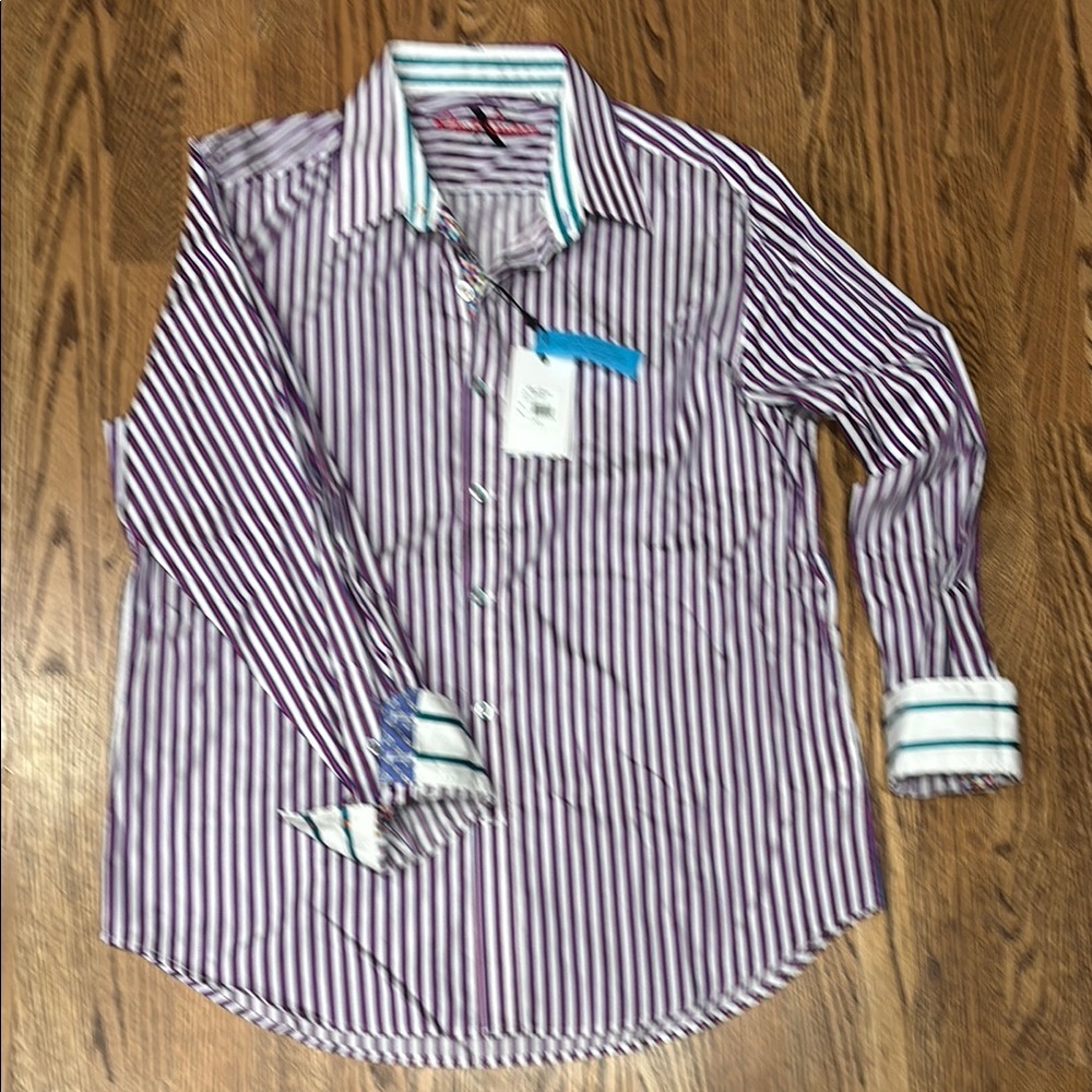 NWT Robert Graham SS Minnow Purple/Navy Striped Men's Shirt XL Tailored Fit
